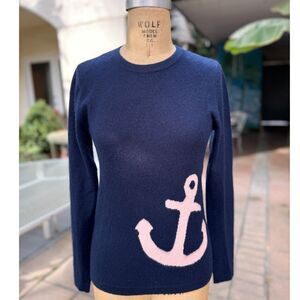 Two Bees Royal Blue 100% Cashmere Long Sleeve Crew Neck Sweater SZ S Pink Anchor